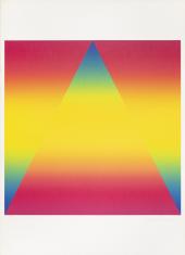 Praca o formie kwadratu, w ktory został wpisany trójkąt, którego płynnie przechodzące w siebie kolory - czerwony, żółty i niebieski - są odwrotnością kolorów tła.