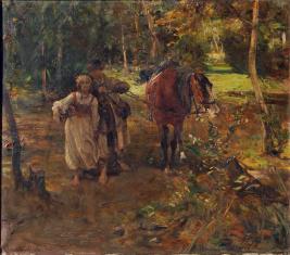 Na ścieżce przed polanę, wśród młodych drzew, stoi młoda dziewczyna, przy niej szepczący do jej ucha, młody chłopak trzymający za uzdę konia. Dziewczyna boso, w jasnej, długiej sukience i w ciemnym gorsecie, pod prawą ręką oparty na biodrze koszyk.