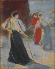 Obraz olejny. Na piaszczystym dziedzińcu trzy kobiety grające w krokieta. Z prawej bramka krokietowa i leżące przed nią 2 kule. Ostre jaskrawożółte światło popołudniowego słońca pada od lewej na kobietę na pierwszym planie, ujętą od tyłu, ubraną w długą c