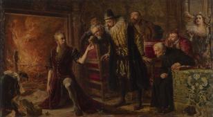 Król Zygmunt III z grupą dworzan ogląda w pracowni alchemika Sędziwoja wyniki jego prób fabrykacji złota. Po lewo, w głębi, widoczny jest rozpalony kominek, przed którym, z lewej strony, klęczy paź, wpatrzony w szkatułkę z kosztownościami. W środkowej czę