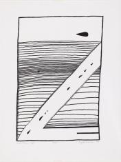 Ukosem od lewego dolnego rogu ku górze prawej krawędzi biały pas na tle zakreskowanym poziomymi liniami do wysokości 3/4 płaszczyzny. Powyżej, jak nad horyzontem, po prawej czarna pozioma forma w kształcie kropli.