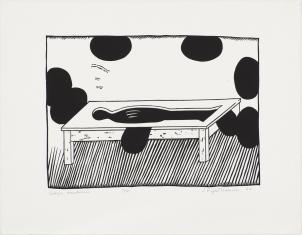 Praca o charakterze abstrakcyjnym, wykonana w technice linorytu, w centrum stół z wyciętym w blacie otworem w kształcie postaci ludzkiej, wokół czarne kuliste formy.