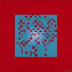 Obraz olejny w kwadracie na płótnie, oprawiony w metalową ramę, na czerwonym tle w centrum niebieski kwadrata, a w nim 3 następne coraz mniejsze, w największym kwadracie 