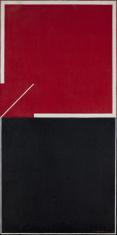 Obraz olejny na płótnie, kompozycja geometryczna, 2 kwadraty: górny czerwony otoczony białą ramką przerwaną w lewym dolnym rogu, w róg ten po przekątnej wcina się wąska kreska - przedłużenie białej, węższej ramki dolnego, czarnego kwadratu.
