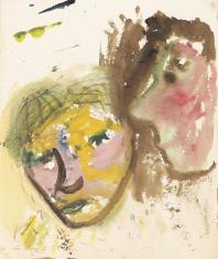 Akwarela na papierze. Po lewej stronie w dolnej połowie namalowana twarz lekko z lewego  profilu o ciepłych kolorach żółci, beżu z jasno zielonym włosami. Po prawej stronie twarz z lewego profilu o zaróżowionych policzkami i brązowo-beżową karnacją.