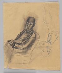 Rysunek ołówkiem i tuszem na papierze. Siedzący mężczyzna w meloniku na fotelu ukazany z lewego profilu. Kontury płaszcza, dłoni, twarzy i nakrycia głowy są wyraziście zakreślone. Po prawo od niego znajdują się 2 szkice twarzy z profilu o dużych nosach.