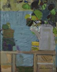 Obraz olejny na płótnie, martwa natura, na zielono-niebieskim tle brązowy stolik, na nim po prawej szary dzbanek z liściastymi gałązkami, po lewej mniejszy dzbanek w tonacji zielonej.