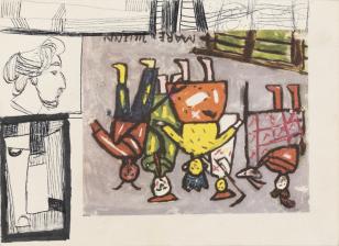 Rysunek na kartce z książeczki dla dzieci T. Kubiaka. Abstrakcyjne szkice, niektóre pociągnięte grubszą czarną linią. Są wśród nich m. in. głowa z prawego profilu, formy geometryczne oraz szkic obrazu.