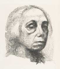 Litografia na kremowym kartonie, kompozycja czarno-biała, ekspresyjny portret artystki w czepku na głowie, twarz z przymkniętymi oczami zwrócona w trzech czwartych do widza.