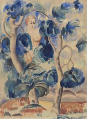 Akwarela na papierze, przedstawiająca półakt kobiecy między dwoma wygiętymi, liniowymi pniami drzew o niebieskich palmowych pióropuszach.