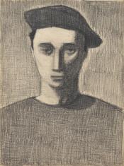 Rysunek ołówkiem na krenowym kartonie przedstawiający głowę i ramiona artysty ujęte frontalnie, na głowie beret.
