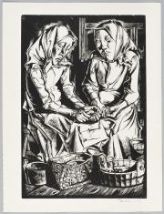 Drzeworyt przedstawia dwie dziewczyny uchwycone przy pracy - obierające ziemniaki, zwrócone do siebie twarzami, w chustach na głowie.