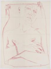 Rysunek kredką na delikatnej bawełnianej surówce przedstawiający ręce trzymające chustę na której umieszczony jest rysunek nagiej kobiety w ujęciu do pasa z założonymi rękami zasłaniającymi biust.