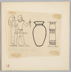 Rysunek odwzorowuje przedstawienie z reliefu powstałego w Egipcie w III wieku p.n.e., z postaciami mężczyzny i kobiety, zestawiając je z widniejącymi na prawo kształtami naczynia ceramicznego i kolumny papirusowej.