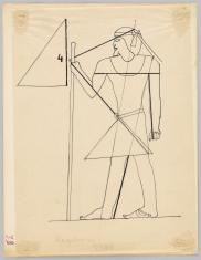 Rysunek konturowy na kalce. Postać mężczyzny w stylu egipskim, ukazana lewym profilem. Obok trójkąt prostokątny z grubiej zaznaczonym dłuższym bokiem i cyfrą 4. Odcinek tej samej długości naniesiony jest na sylwetkę w różnych miejscach.