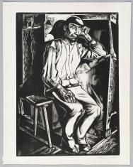 Drzeworyt na papierze przedstawiający postać siedzącego mężczyzny w chłopskim (góralskim) stroju.