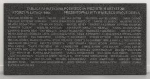 Solidna, wielka granitowa tablica pamiątkowa o prostokątnym kształcie. U góry znajduje się napis informacyjny, u dołu imiona i nazwiska wypełniające prawie całą powierzchnię tablicy. Wykuta została lista artystów, których prace pokazane zostały na wystawi