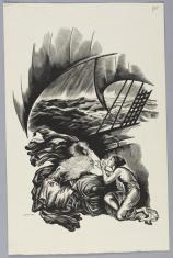 Drzeworyt na papierze, w dolnej części dwie postacie - starzec i dziewczyna, w tle fragment statku i wzburzone morze.