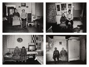 Cztery fotografie czarno-białe przedstawiające wnętrza śląskich chat i ich mieszkańców.