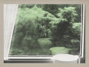 otografia czarno-biała przedstawiająca fragment okna, rama okna czarno-biała, szyba podkolorowana na zielono, za nią ukazane drzewa w ruchu.