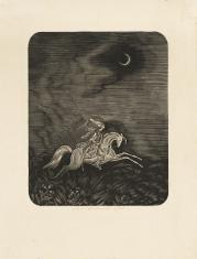 Drzeworyt na papierze, w dolnej części przedstawienie kozaka na koniu, u góry po prawej księżyc.