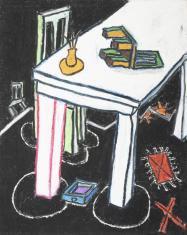 Obraz w technice pastelu na papierze, na czarnym tle rysunki mebli - na pierwszym planie biały stół, na nim małe krzesełko, drugie krzesła przy stole, na dalszym planie jeszcze jedno.