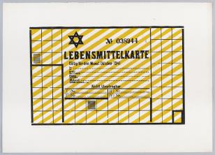 Linoryt na papierze przedstawiający kartkę żywnościową z okresu okupacji pokrytą żółtymi paskami.