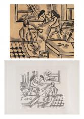 Dwie kompozycje czarno-białe - rysunek i litografia,przedstawiające wnętrze, a w nim trzy postacie muzykantów.