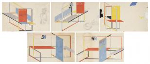5 rysunków ołówkiem przedstawiających projekty lad wystawienniczych, ich poszczególne części pomalowane na czerwono, niebiesko, żółto, szaro i czarno.