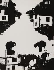 Fotografia przedstawia biało-czarne plamy, które swym kształtem i układem przypominają małe domki. W środkowej części duża, biała płaszczyzna.