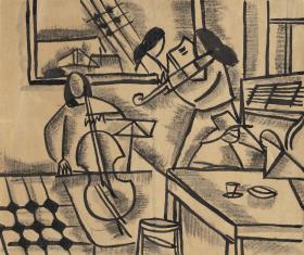 Kompozycja czarno-biała, przedstawiająca wnętrze (prawdopodobnie kawiarni) w nim trzy postacie muzykantów: wiolonczelista (zwrócony frontem do widza), ujęta z profilu skrzypaczka oraz pianista w kapeluszu z dużym rondem. Na ścianie gragment obrazu, okna l