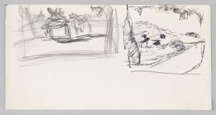 Szkic tuszem i ołówkiem przedstawiający fragment pejzażu z jadącym wozem , niesygnowane.