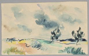 Kompozycja w poziomie. Akwarela na papierze. Pejzaż przedstawiający dwa niewielkie drzewka stojące na pustkowiu. Trawy są ledwie naszkicowana i zaznaczone różnymi kolorami. Na niebie kłębiaste chmury.