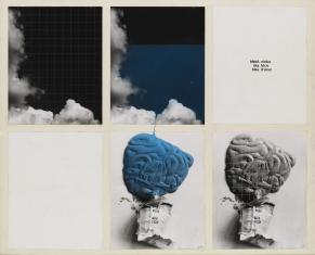 Praca w układzie poziomym składająca się z 6 fotografii naklejonych na planszę. Fotografie ułożone są w 2 rzędach. Fotografie przedstawiają niebo, chmury i wyciśniętą tubkę po farbie. Na fotografii 1. czarne niebo pokratkowane i białe chmury. Na fotografi