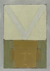 Obraz olejny na płótnie, na szarym tle pionowa prostokątna forma podzielona na 2 części: górną jasno seledynową z w pisanym białym kształtem w formie 