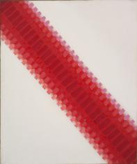 Obraz olejny na płótnie w układzie pionowym o wymiarach 60 x 50 cm. Kompozycja abstrakcyjna. Po przekątnej z lewego górnego narożnika do prawego dolnego - czerwone pasmo, rozjaśnione na brzegu, na nie nałożone regularne prostokątne plamy. Tło białe.