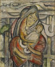 Obraz przedstawiający Madonnę z Dzieciątkiem - matka obejmuje dziecko trzema rękami, głowy obojga pochylone są w prawą stronę. Szata Madonny w kolorze czerwonym, na głowie niebieska chusta, Dzieciątko ma biały becik. W tle szare i beżowe formy będące prze
