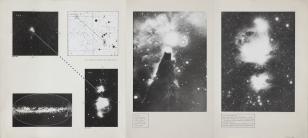 Plansza w układzie poziomym przedstawiająca 6 fotografii z motywami mgławic, gwiazdozbiorów, galaktyk naklejonych na karton. Fotografie są czarno-białe. Dwie z prawej strony są duże, wypełniają całą wysokość planszy.