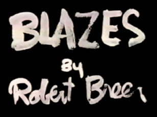 Kadr tytułowy z filmu - na czarnym tle sporządzony odręcznym pismem biały napis: BLAZES by Robert Bleer.