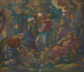 Idylliczna scena przedstawiająca zbieranie owoców - w pejzażu wśród drzew dwie kobiety z lewej strony kompozycji zbierają owoce, z prawej strony siedzą mężczyzna i oparta o niego kobieta, starsza kobieta siedzi za drzewem z prawej strony.  Pośrodku na pie