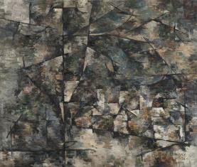 Obraz olejny na płótnie - kompozycja abstrakcyjna, kubistyczna, płaszczyzna obrazu 