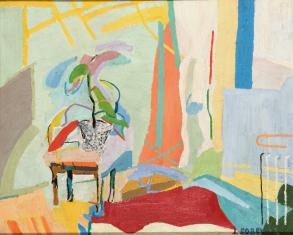 Obraz olejny na płótnie, kompozycja pozioma, przedstawia wnętrze mieszkania. Po lewej stronie znajduje się stolik z kwiatem w donicy. Całe wnętrze, ściany i podłoga w jasnych, żywych i pastelowych kolorach.