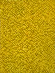 Obraz olejny w układzie pionowym o wymiarach 65 x 60 cm. Kompozycja abstrakcyjna. Tło żółte. Całą powierzchnię wypełniają nakładane pędzlem owalne jasnobrązowe plamki o grubej fakturze. Na plamkach akcenty pomarańczowe.