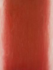 Obraz olejny w układzie pionowym o wymiarach 65 x 50 cm. Kompozycja abstrakcyjna. Płaszczyzna wypełniona płasko założoną zgaszoną czerwienią, rozbielona walorowo wzdłuż krawędzi pionowych.