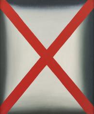 Obraz olejny na płótnie w układzie pionowym o wymiarach 60 x 50 cm. Kompozycja abstrakcyjna. Na białym tle złamanym szarością, przechodzącym na krawędziach w ciemną szarość, krzyżują się przekątne koloru czerwonego.