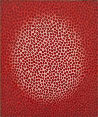 Obraz olejny w układzie pionowym o wymiarach 60 x 50 cm. Kompozycja abstrakcyjna. Na czerwonym tle rozbielona owalna plama w centrum na to nałożone nieregularne nakładane pędzlem plamki.