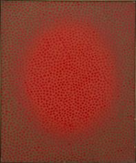 Obraz olejny na płótnie w układzie pionowym o wymiarach 60 x 50 cm. Kompozycja abstrakcyjna. W centrum owalna plama jasnej czerwieni przechodząca walorowo w barwę zieloną. Na tym nieregularne nakładane pędzlem plamki.