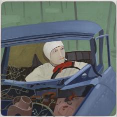Kompozycja figuralna. Portret młodej kobiety do ramion, z papierosem w zębach, w białym ubraniu i pilotce. Kobieta siedzi w niebieskim samochodzie z ręką w czerwonej rękawiczce na kierownicy - widziana przez przednią szybę. Na pierwszym planie fragment mo