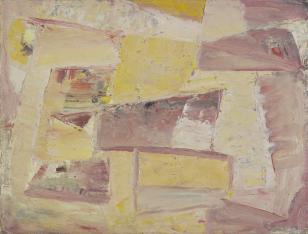 Obraz olejny na płótnie - kompozycja abstrakcyjna, linie proste wyodrębniają pola figur geometrycznych w tonacji różowo-żółtej.