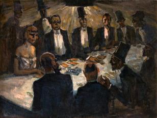 W centrum kompozycji długi jasny stół oświetlony z góry, przy nim grupa mężczyzn we frakach, po lewej jedna kobieta, tonacja ciemna z dominantą brązów i czerni.